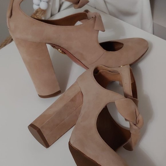Authentic designer Aquazzura Sandy Pump Block Heel Suede Bows tan beige  7.5 - Picture 2 of 10
